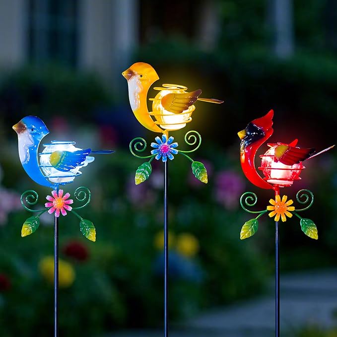 Birds Solar Garden Lights, 26" H Whimsical Decorative Solar Stake Light, 3 Pcs Outdoor Cardinal Statues Figurine Lights for Garden Lawn Patio Yard Decoration