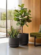 LE TAUCI 12 Inch Pot for Plants with Saucer, Ceramic Indoor Planter Pot with Drainage Hole, Mesh Pad & Plug Included, Unglazed Porous Ceramic, Modern for Home and Office, Charcoal Gray