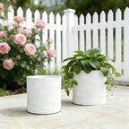GreenShip Planter Set of 2 (9.8" & 7.8") – Cylinder Planters with Drainage Hole and Planter Saucer, Jun Porcelain Clay & Recycled Resin, Decorate Home,Office & Outdoor,White pots
