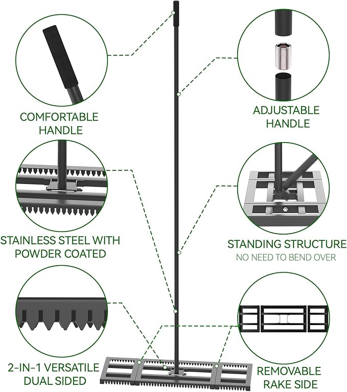 Housolution 32"x10" Lawn Leveling Rake with Serrated Edge & Smooth Plate, Heavy-Duty Stainless Leveling Rake with 72" Adjustable Handle, Serrated Rake for Soil/Dirt/Compost/Dead Grass/Gravel
