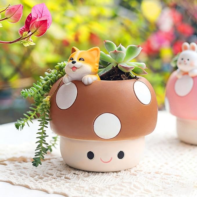 EOBTAIN Cute Mushroom Planter Pots,Corgi Dog Animal Small Succulent Pots for Indoor Plants,Mini Cactus Resin Planter Pots Home Living Room Office Table Desk Decor,Gifts for Plant Lovers,4 Inch