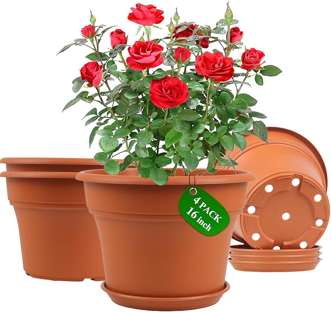 Pottiffe 16 inch Plastic-Flower-Pot-for-Indoor-Plants, 4 Pack Large Outdoor Planter Pot with Drainage Holes & Saucers, Resin Decorative Garden Pots Planters