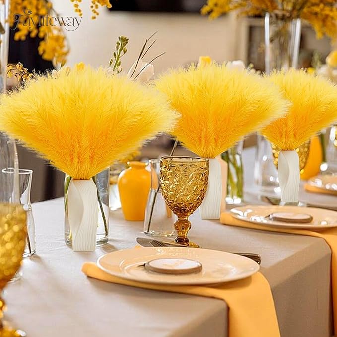 50PCS Pampas Grass Decor, 17" Yellow Pompas Grass, Fluffy Small Pampas Grass for Vase Filler Home Wedding Wall Table Party Decoration