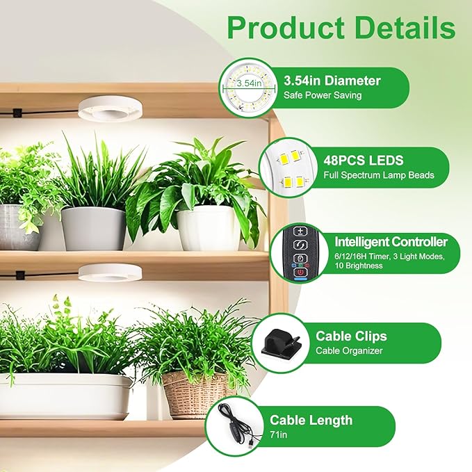 Ceiling LED Plant Growth Lights for Indoor Plants, Warm+White Full Spectrum 3.54" Grow Lamps for Plant Growth with 6/12/16H Timer, 3 Spectral Modes, 10 Dimmable Levels, Halo Angel Ring White (2 Head)