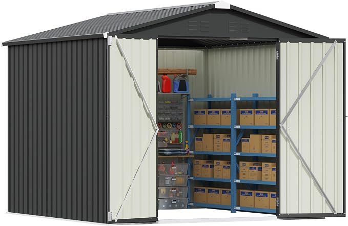 Patiowell 8x8 FT Outdoor Storage Shed, Garden Tool Storage Sheds with Sloping Roof and Double Lockable Door, Outdoor Shed for Backyard Patio Lawn, Black