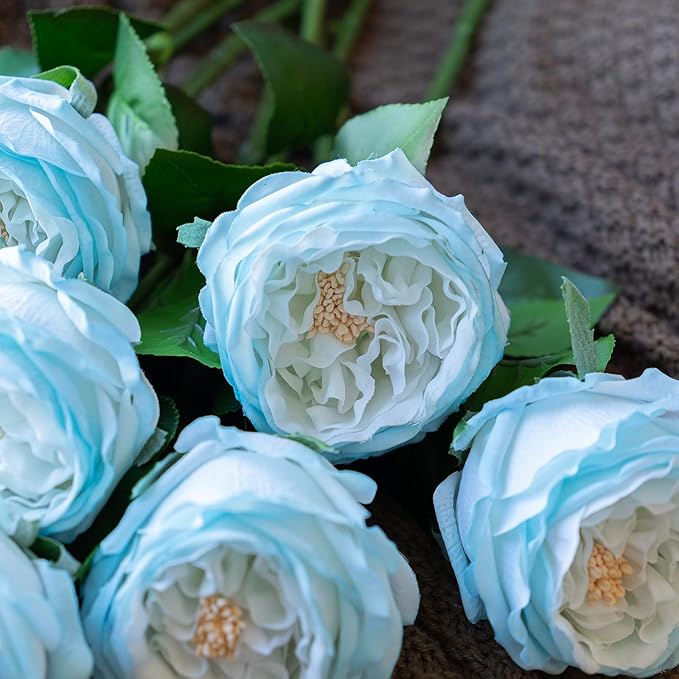 DUYONE Fake Flowers for Decoration Home Decor Artificial Flowers Austin Rose Peony Latex Fake Flower Living Room Decoration Vivid Pink Roses Peonies (Ice Blue 4pcs)