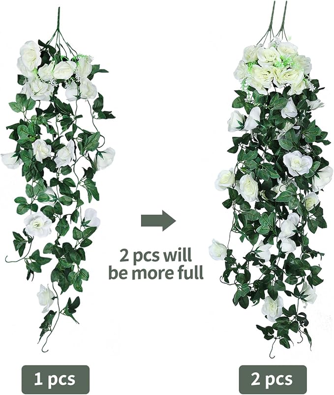 RECUTMS Artificial Rose Vine Plants Hanging 4Pieces 3.3Ft,Fake Light up Vines with 30 LED Lights Decor for Home, Office,Room, Door, Garden,Porch, Wedding Decoration (White)