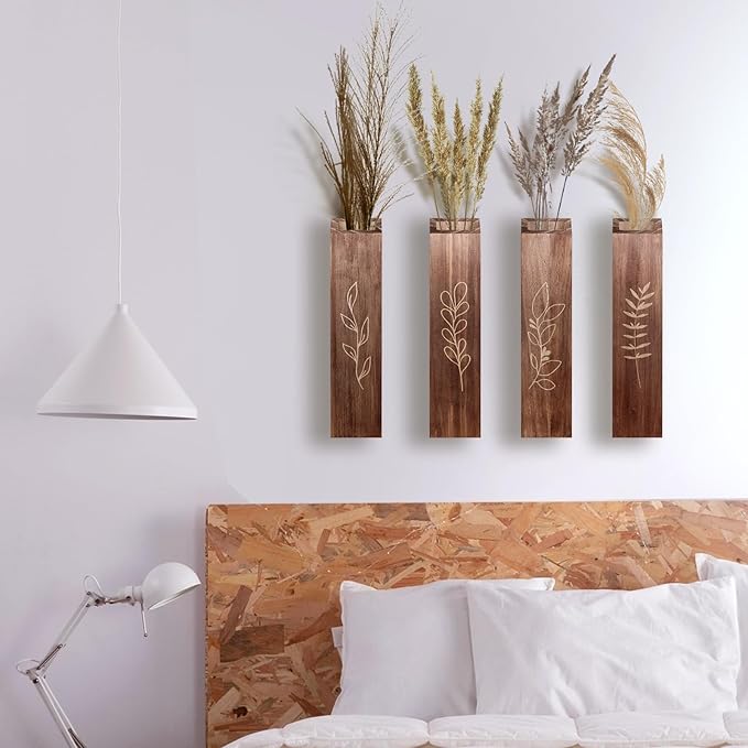 4 Pack Wood Indoor Wall Planter, Modern Boho Wall Decor for Living Room Bedroom, Farmhouse Pocket Vases for Dried Flowers and Faux Greenery Plants - Brown