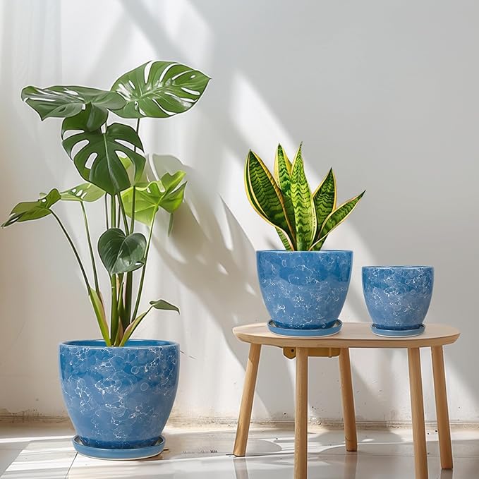 Ceramic Flower Pots - 10 Inch 8 Inch 6 Inch Plant Pots with Drainage Holes and Plant Saucers, Round Modren Planters for Indoor Outdoor, Garden Decor, Gifts for Plant Lovers, Set of 3, Blue
