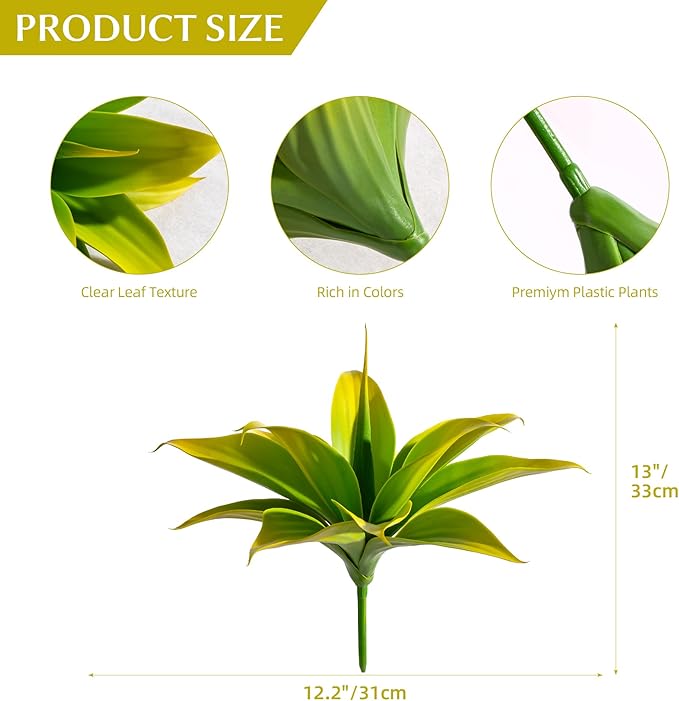 Ttranewsoo Artificial Agave Plants,Large UV Resistant Fake Agave Planters 12" for Indoor and Outdoor Decorating Tropical Plant Succulents Greenery Indoor Decor (2Pack) Yellow