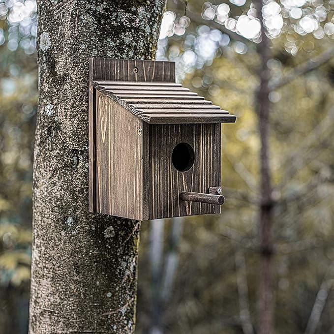 NATUREYLWL Weatherproof Bird House, Wooden Bird Houses for Outside with Pole, Durable Birdhouse for Finch, Bluebird, Cardinals, Hanging Birdhouse Garden Country Cottages