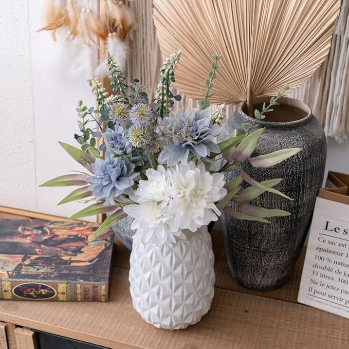 LUEUR Fake Flowers with Vase, Silk Roses Artificial Flowers in Vase Faux Flowers Arrangement Suitable for Home Kitchen Living Room, Fall Spring Decor for Office, Centerpiece Table Decorations