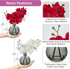 Oairse Red and White Orchids Artificial Flowers Faux Orchid Arrangement with Black Glass Vase Set of 2 Real Touch Phalaenopsis Orchid Flowers Orchids Centerpiece for Dining Room Table