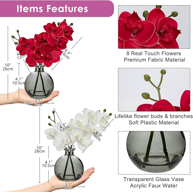 Oairse Red and White Orchids Artificial Flowers Faux Orchid Arrangement with Black Glass Vase Set of 2 Real Touch Phalaenopsis Orchid Flowers Orchids Centerpiece for Dining Room Table