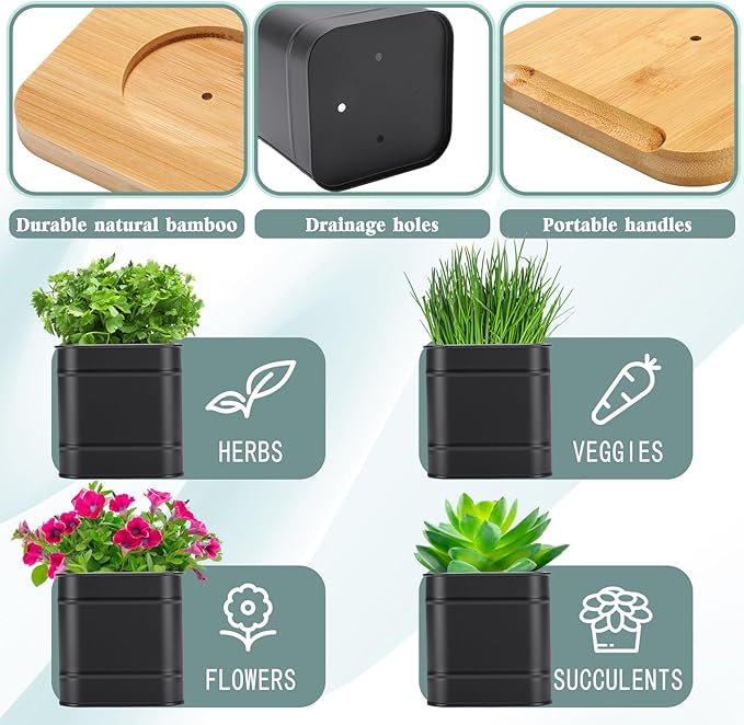 LemonRoad 6 Pcs Indoor Herb Planter Window Herb Pots for Kitchen with Drainage Hole and Bamboo Tray Farmhouse Metal Garden Planter Pot with DIY Label Mom Plant Gift(Black,Square)