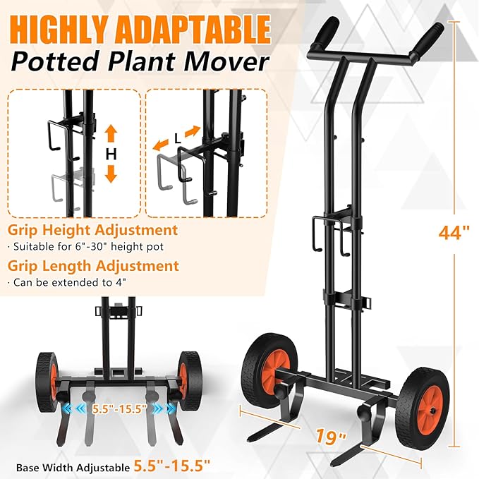 KJX Adjustable Plant Caddy with Wheels, Heavy Duty Plant Dolly Cart with Grab Arm and Strap Dual Protection, Garden Potted Plant Mover Dolly for Planter Flower Pots Indoor Outdoor