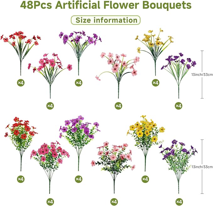 Alupssuc 48 Bundles Artificial Flowers for Outdoors Decoration, UV Resistant Silk Faux Floral Spring Fake Plastic Plants Greenery for Outside Indoor Patio Porch Window Box Home Decor, Mix 6 Colors