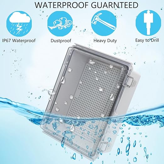 IP67Junction Box, ABS Plastic Outdoor Waterproof Box Electrical Enclosure with Stainless Steel Latch, Hinged Cover Electric Box with Mounting Plate 8.3"x6.3"x3.9"
