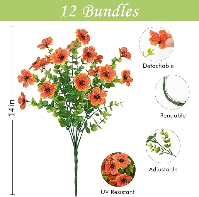 Waipfaru Artificial Flowers for Outdoors, Fake Plants Outside Spring Decoration, 12 Bundles Silk Faux Plants UV Resistant Faux Flowers for Summer Planter Porch Patio Outside Yard Garden Decor