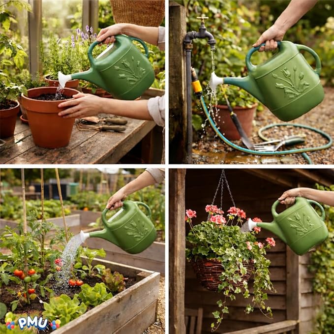 PMU 2 Gallon Watering Can - Garden Watering Can for Indoor & Outdoor Plants - Plastic Water Can with Detachable Sprinkler Head - Large Water Pot, Made in USA - Sage Green Pkg/1