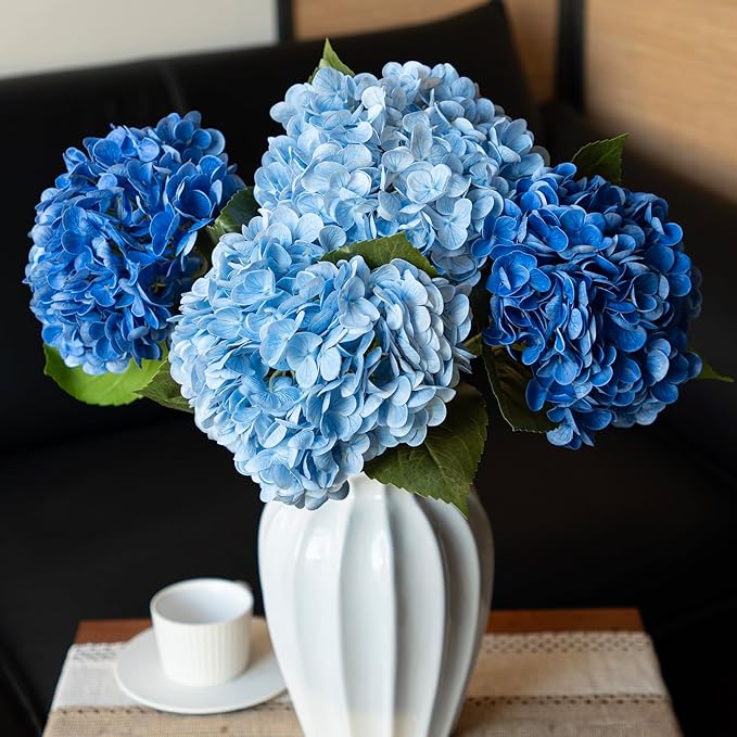 DUYONE 4Pcs 22 inch Lifelike Artificial Hydrangea, 2 Blue & 2 Dark Blue Large Flowers Artificial Flowers Dry Flowers Outdoor Wedding Christmas Office Family Party Living Room Table Deco