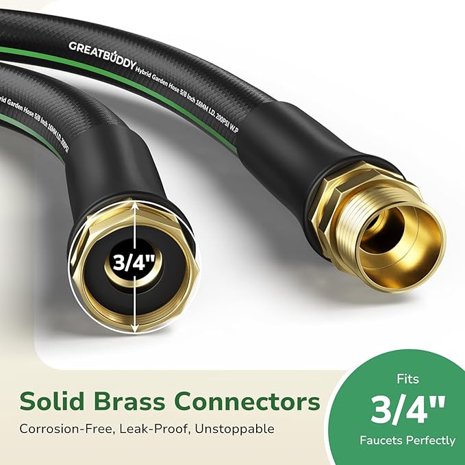GreatBuddy Garden Hose 25ft, 5/8" Water Hose Heavy Duty, Flexible, Lightweight Hybrid Hose, Burst 600 PSI with Solid Brass Male to Female Fittings Leakproof Hose for Backyard, Garden