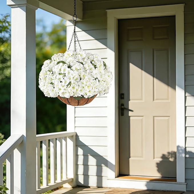 6 Bundles White Artificial Geranium Flowers for Outdoors Spring Decor Geraniums Silk Flowers UV Resistant Lifelike Faux Flowers for Spring Indoor Outdoor Garden Patio Porch Balcony Home Decoration