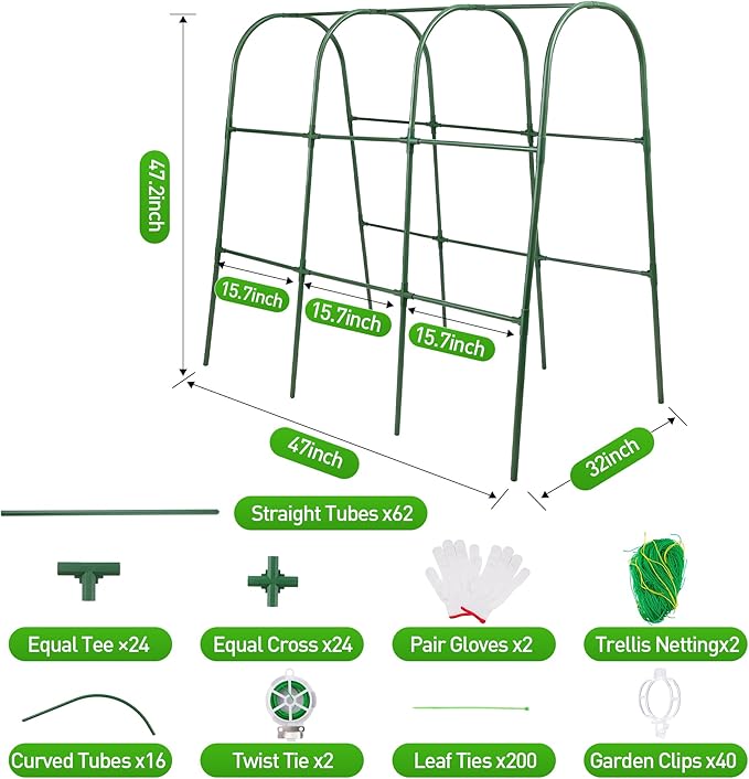2Pack Cucumber Trellis for Raised Garden Bed, U-Shape Plant Support Metel Trellis for Climbing Plants Arch Trellis with Netting for Cucumbers,Tomatoes,Vine Climbing Plant(47.2''X32''x47.2''(LxWxH))