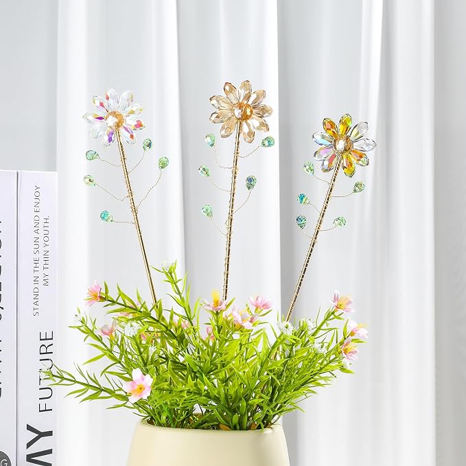 Set of 3 Crystal Sunflower Stakes Suncatchers with 13.4'' Gold Trellis Metal Plant Stake for Indoor Outdoor Garden Potted Plants Decorations Plant Lover Gift (Multicolor)