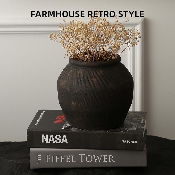ZSHLXM Farmhouse Ceramic Vase - Black Rustic Vintage Flower Vase for Home, Living Room, Shelf and Dining Table Decor - 7IN
