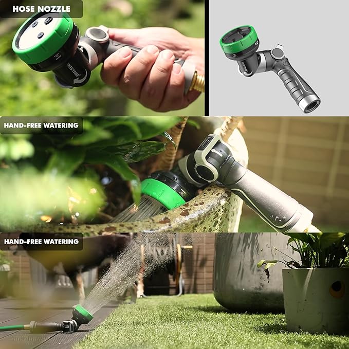 RESTMO Multi-Angle Garden Hose Nozzle with Sprinkler Function, Heavy Duty Water Hose Nozzle with 4 Spray Patterns, Magic Twist and Thumb Flow Control for Garden Watering, Car Washing & Yard, Green