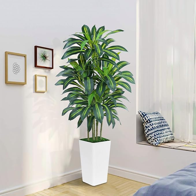 6FT Artificial Dracaena Tree - High-Density Foliage Fake Plant with White Tall Planter - Faux Yucca Floor Plant for Home Office Decor Indoor