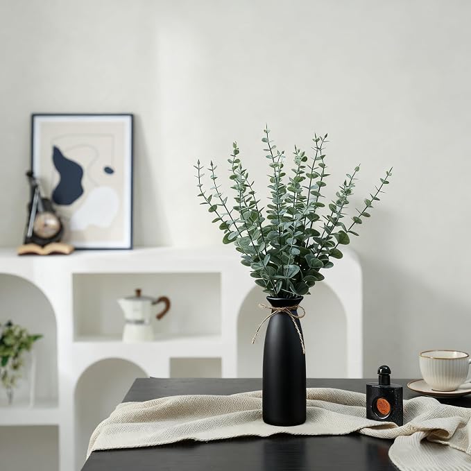 Vase with Greenery, 20pcs Artificial Eucalyptus Stems in Black Vase, Fake Plant Home Decor, 19" Decorative Faux Plants for Home Farmhouse Mantle Centerpiece Decor