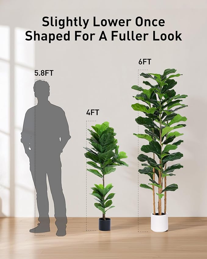 Fiddle Leaf Fig Tree, 6FT Faux Trees Indoor,Tall FakeTree with Decorative planters,Natural Wood Trunk & Realistic Fiddle Leaf, Artificial Plants for Home Office, Living Room, Outdoor