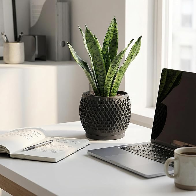 Plant Pots, Modern 3D Printed Honeycomb Planters for Indoor Plants, 4.7 Inch Matte Black Decorative Flower Pot for Office Desktop, Bookshelf & Home Decor, Lightweight & Durable.