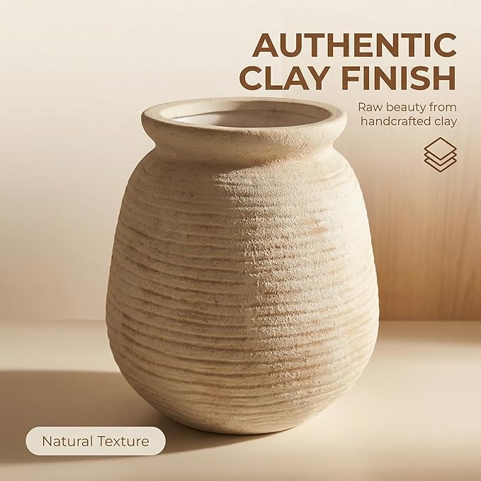 Rustic Terracotta Pot, 7 Inch Short Farmhouse Vase with Weathered Texture Off-White, Boho Home Decor for Pampas Grass, Tabletop, Mantel and Shelf Styling