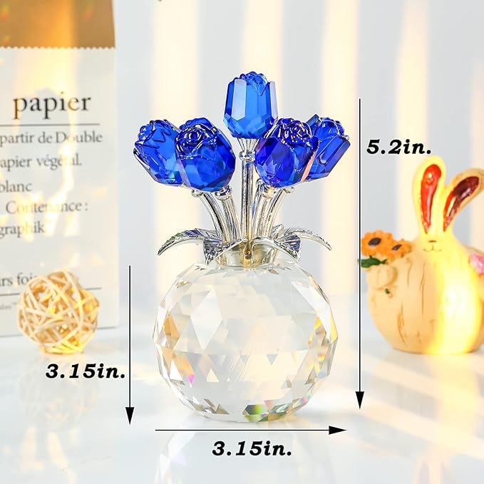 YWHL Crystal Blue Rose Flower Figurine with Round Vase, Rose Gifts for Wife Girlfriend, Romantic Gifts for Mom on Mother's Day Anniversary Birthday, Rose Collectible Figurines for Home Decoration