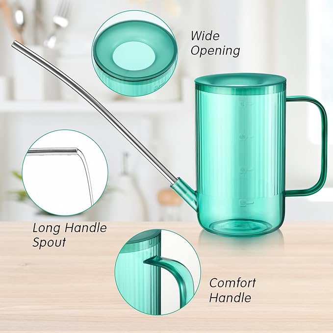 Set of 7 6.3'' Vintage Glass Plant Mister Modern 1.2l Long Spout Watering Can Squeeze Bottle Soil Moisture Meter 3 Pcs Hand Planting Tools for Indoor Outdoor Gardening Potted Flower, Green
