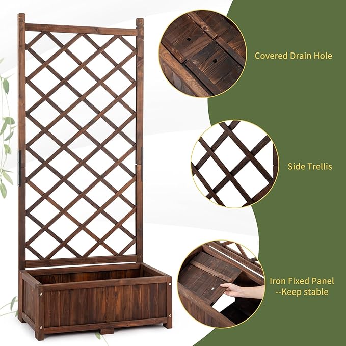 Wood Planter Raised Garden Bed,with Trellis,29.5 x 16.9 x 67'' Outdoor Raised Garden Bed with Drainage Holes, Free-Standing Trellis Planter Box for Vine Climbing Flowers in Garden