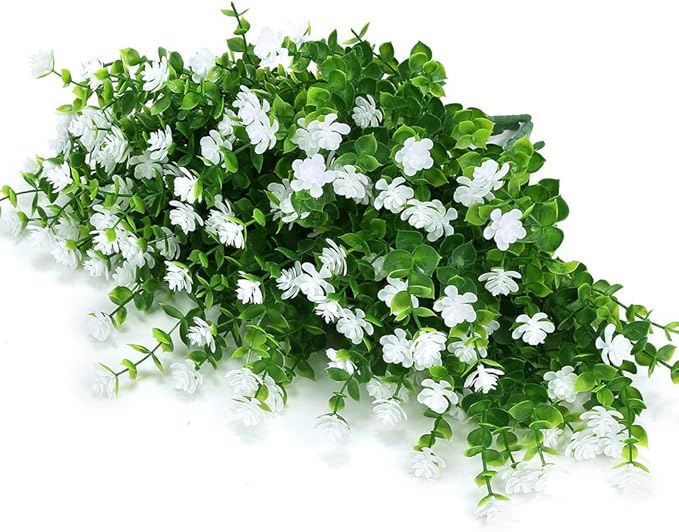 24 Bundles Outdoor Artificial Flowers UV Resistant Fake Boxwood Plants, Faux Greenery for Indoor Outside Hanging Plants Garden Porch Window Box Home Wedding Farmhouse Décor (White)