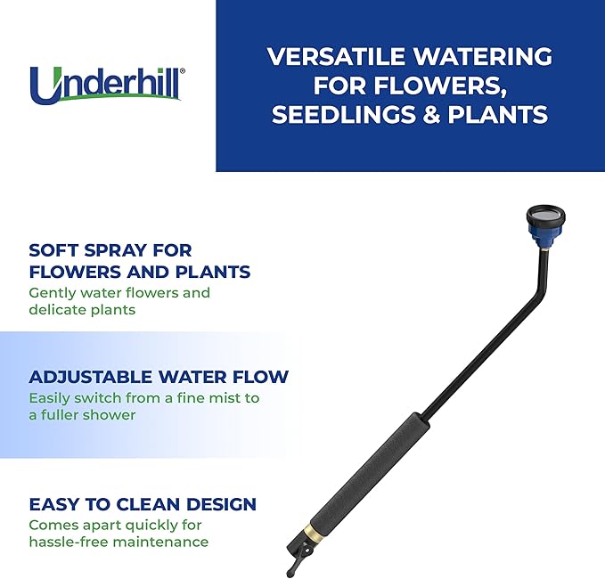 Underhill Proline Gentle Spray Shower Head Nozzle Wand, Garden Water Hose Sprayer for Watering Plants and Flowers, 30-Inch, Includes 3 Stainless Steel Outlet Plates (450, 750 and 1000 Holes)