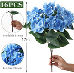FOTEEWL 16 Bundles Artificial Hydrangea Flowers for Outdoor Decor, Realistic Faux Silk Bouquets Sun-Resistant Fake Plants for Front Door Balcony Farmhouse Garden Home Spring Summer Decor (Blue)