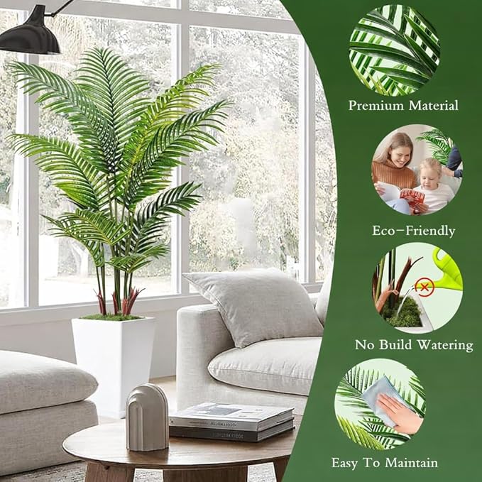 6FT Artificial Palm Tree, Tall Faux Palm Tree Indoor with Fake Plants Tall, Artificial Plants with Lifelike Leaves for Home Office Decor (White)