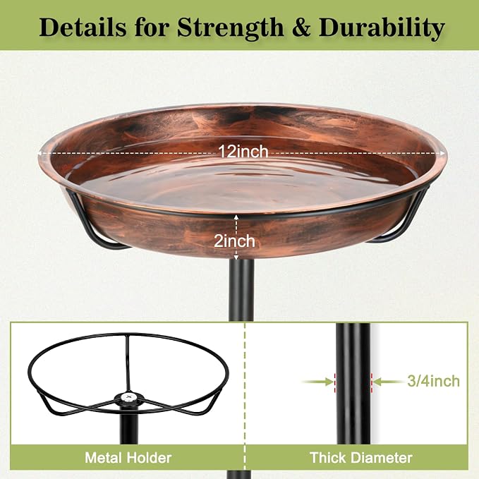 Gtongoko Metal Bird Bath for Outdoors, 34" Tall Bird Bath with 12" Removable Bowl, Heavy Duty 5-Prong Stable Base, Easy-to-Clean Heavy Duty Birdbath & Bird Feeder for Garden, Patio, Yard