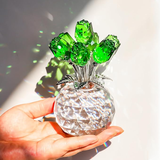 YWHL Handmade Crystal Green Rose Flower Figurine with Round Vase, Bouquet Rose Flowers Gifts for Wife Mom on Anniversary Birthday Christmas, Glass Rose Flower for Sister Friends, Wedding Home Decorati