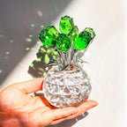 YWHL Handmade Crystal Green Rose Flower Figurine with Round Vase, Bouquet Rose Flowers Gifts for Wife Mom on Anniversary Birthday Christmas, Glass Rose Flower for Sister Friends, Wedding Home Decorati