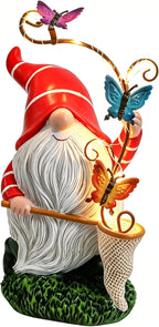 Garden Gnome Statue, Solar Funny Gnomes Figurine Catching Butterflies with LED Lights Waterproof Resin Outdoor Decor for Patio Lawn Yard Home Tabletop Decoration