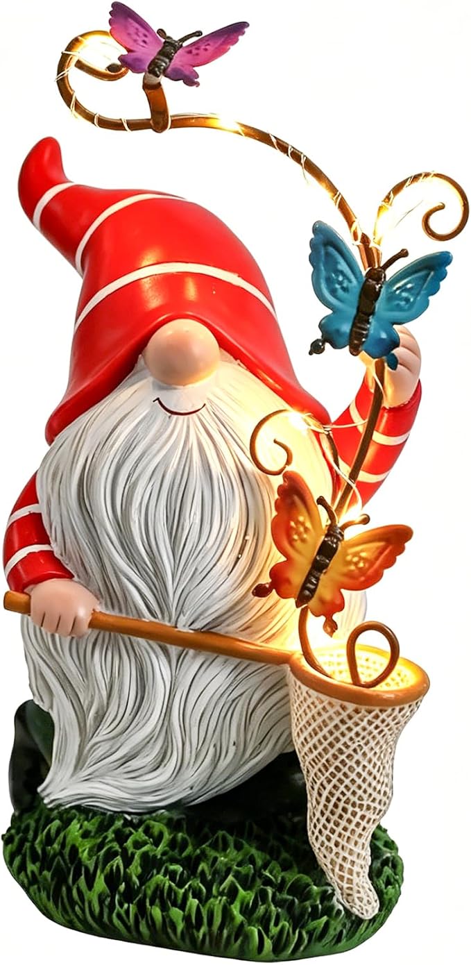 Garden Gnome Statue, Solar Funny Gnomes Figurine Catching Butterflies with LED Lights Waterproof Resin Outdoor Decor for Patio Lawn Yard Home Tabletop Decoration