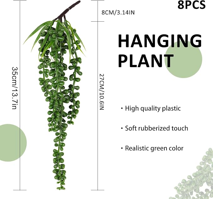 RECUTMS 8Pcs Artificial Succulent Plants Hanging String of Pearls Plant Faux Succulent Draping Greenery Unpotted Succulent Plant Summer Home Office Indoor Outdoor Wedding Graduation Party Decor(Green)