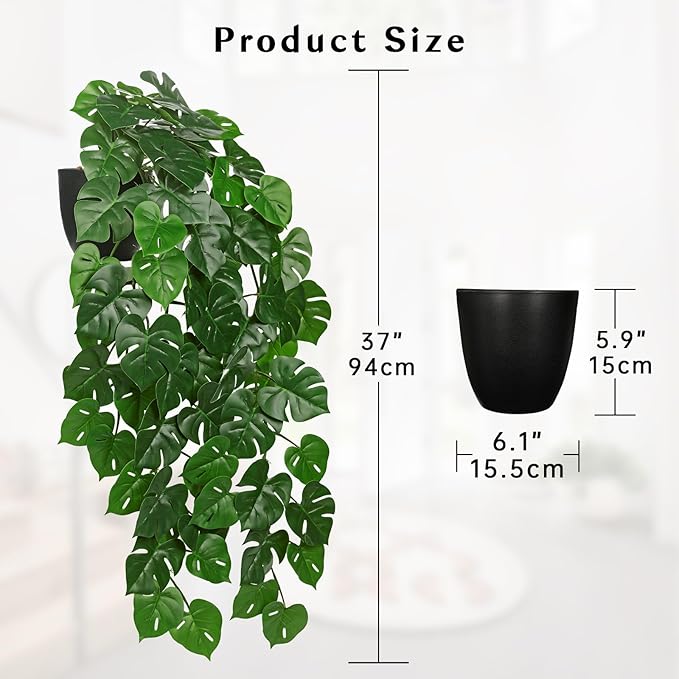 Large Fake Hanging Plants in Pot with Hook, 37" Artificial Hanging Monstera Leaves Vines Plants, Fake Potted Greenery Plant for Room Wall Living Room Bathroom Kitchen, Faux Ivy Houseplants for Shelf